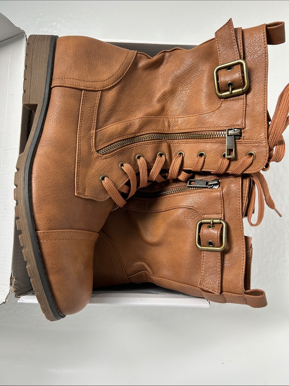 Dream Pairs Tan Lace-Up Buckle Combat Boots